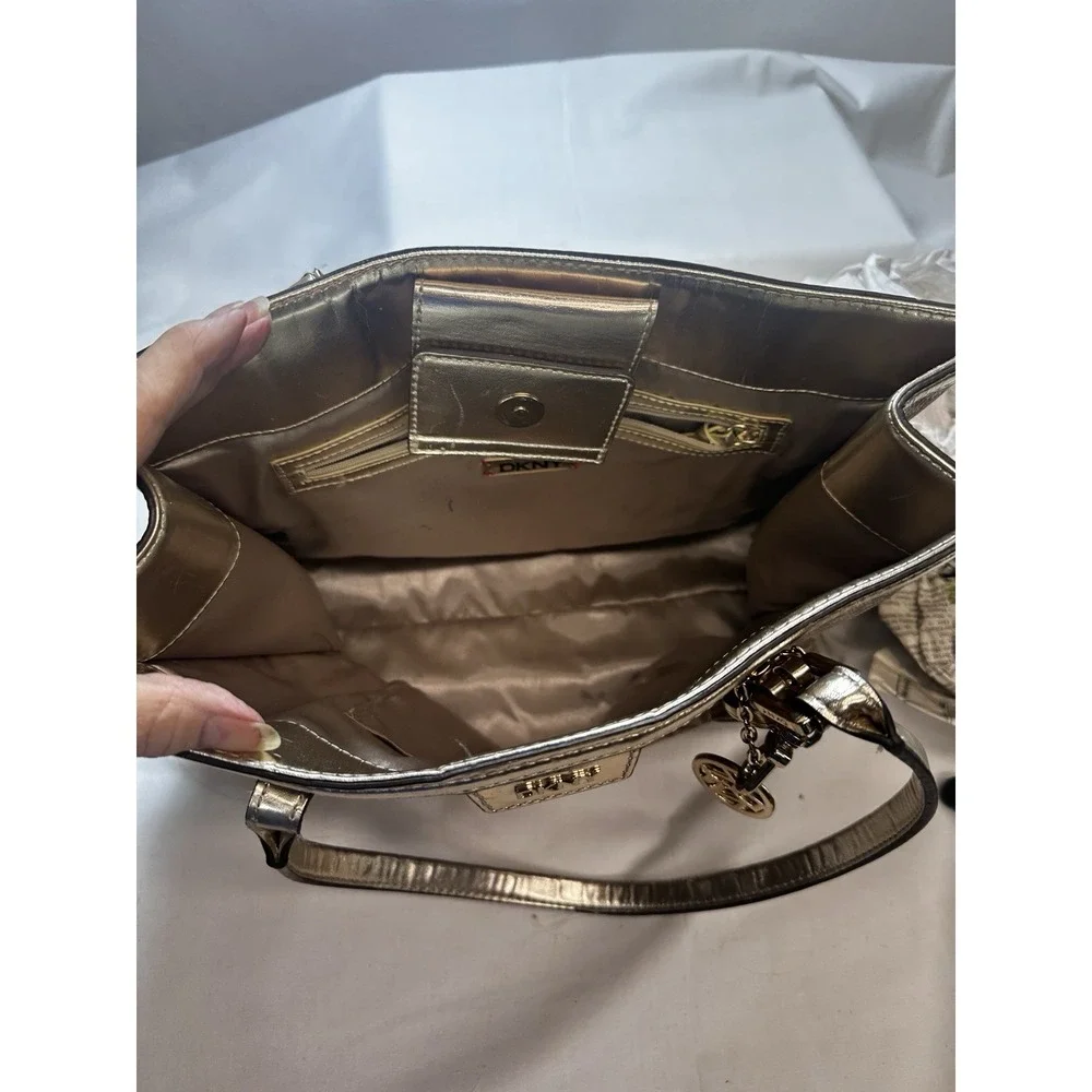 DKNY Repeat Gold Tote Bag Purse Beige w/ Brown Monogram in excellent cond 1990's